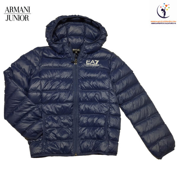piumino cento grammi da bambino di Emporio Armani blu con cappuccio